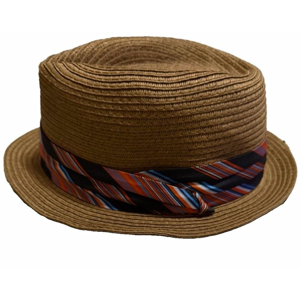 21MEN Men's Straw Fedora Hat Size 57.5 M Brown with Striped Band NWT